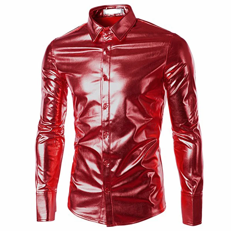 Red Coated Metallic Night Club Wear Shirt Men Long Sleeve Halloween ...