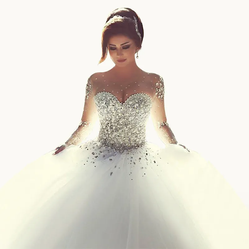 20308 2019 Robe De Mariée De Luxe Robe De Bal En Cristal à Manches Longues Robes De Mariée Vestidos De Noiva Tulle Robes De Mariée Robe De Mariage