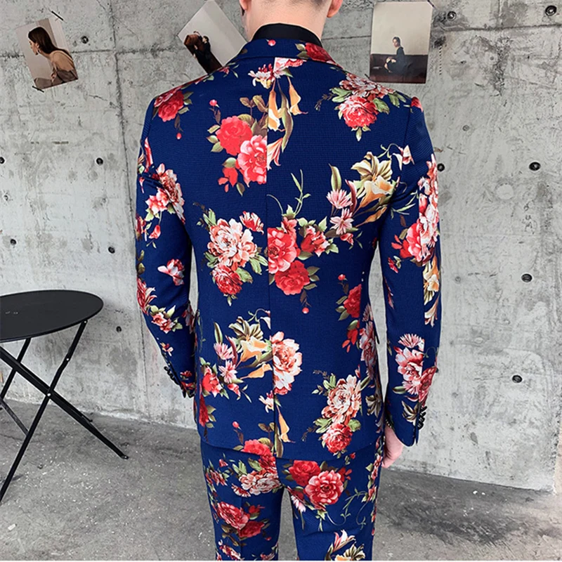 Slim Fit с цветочным принтом костюмы для мужчин элегантный синий мужской свадебный