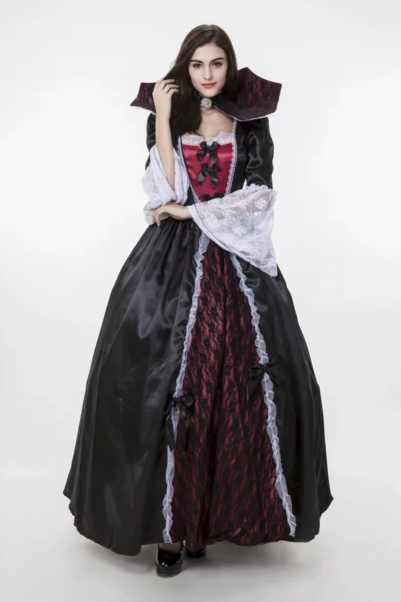 Дамский готический костюм вампира Версаля на Хэллоуин, темно-черное бальное платье полной длины, кружевное платье с высоким воротником-стойкой для женщин