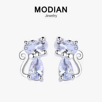 

Modian Crystal Cat Silver Stud Earrings Charm Sterling Silver 925 Cute Animal Clear CZ Ohrringe For Women S925 Fashion Jewelry