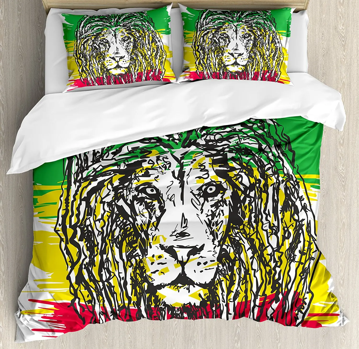 

Rasta Duvet Cover Set Ethiopian African Culture Hair Style Lion Head Portrait Grunge Backdrop Decorative 4 Piece Bedding Set
