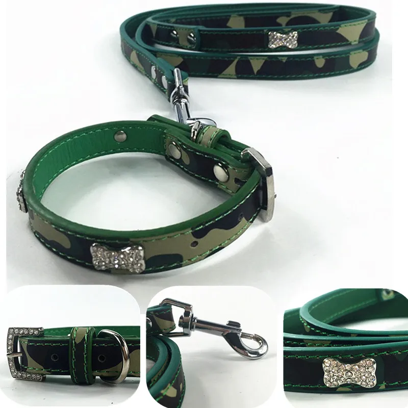 

Luxury Camouflage Army Green Cool Dog Collar and Walking Leash Lead Set With Rhinestones For Small Doggy Puppy Chihuahua Cats