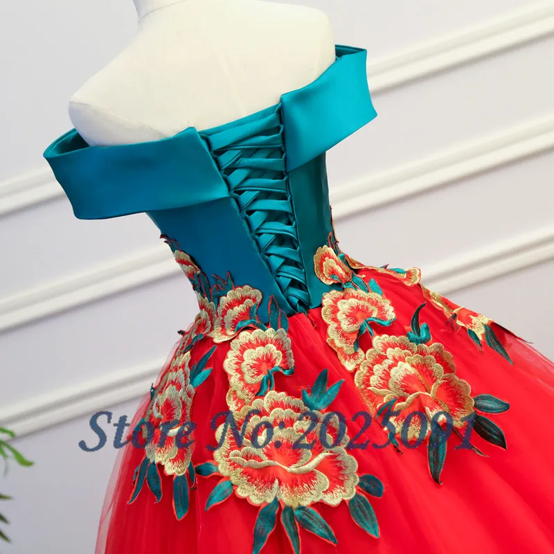 New Off The Shoulder Red Quinceanera Dresses Tulle With Appliques Masquerade Ball Gown Sweet 16 Dress Vestidos De 15 Anos