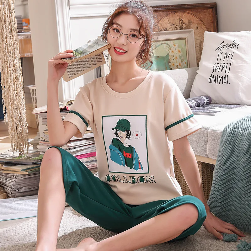 Пижамные комплекты Лето 2019 пижамы хлопок Круглый вырез мультфильм Kawaii Ночная