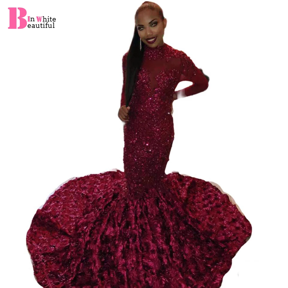 

Beautifulinwhite Sparkly Mermaid Prom Dresses Long 2019 High Neck Long Sleeves 3d Flowers Evening Gowns Robe De Soiree BP039