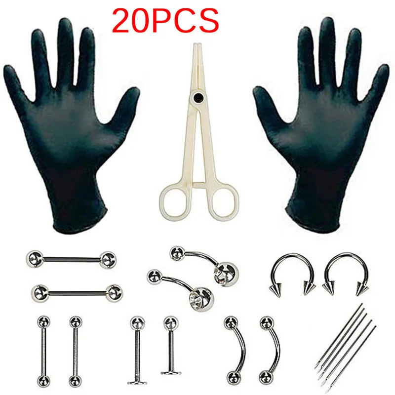 20pcs/set Body Piercing Tools Professional Sterile Belly Body Ring Needle Kit Sets Cartilage