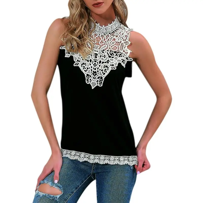 T Shirt New Fashion Lace Trim Piecing Sleeveless Sexy Round Neck Figure-Flattering T-Shirt Tops Slim Summer Black T Shirt Women