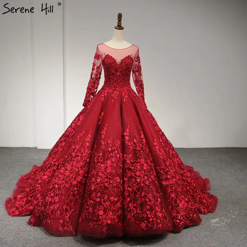 Vino Rojo Mangas Largas De Lujo Vestido De Novia Hecho A Mano Flores De Gama Alta Sexy Vestidos De Novia Vestido De Novia 2020 De La Boda De Lujo Vestido De Noviavestidos De Novia