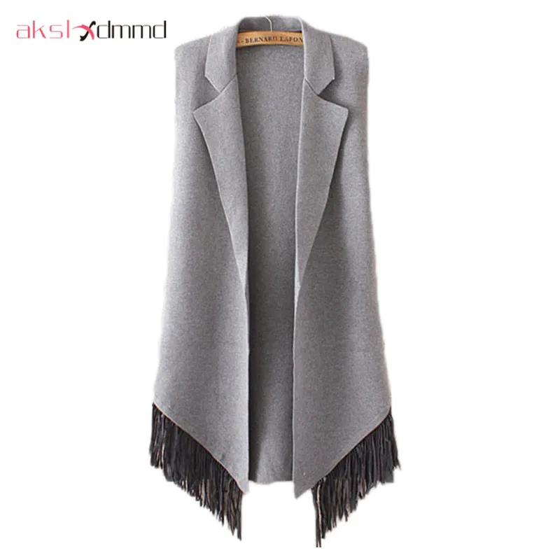 

AKSLXDMMD Women Knitted Cardigan Sweater Vest Coat 2017 New Autumn Fashion Sleeveless Tassel Long Vest Jacket Female LH933