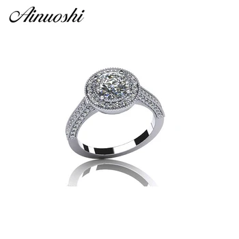 

AINOUSHI Hot Sale Wedding Band Ring Halo Round Cut SONA Real 925 Sterling Silver Ring for Women Engagement Anniversary Gift