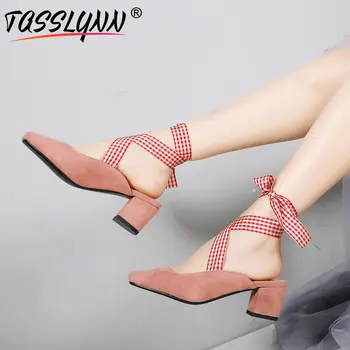 

TASSLYNN 2019 Luxury Shoes Women Flock Mary Janes Square Heel Retro Women Pumps Cross-tied Sweet Style Women Shoes Size 34-43