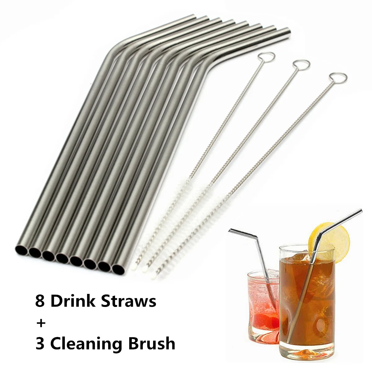 8pcs Stainless Steel Drinking Straws Straight and Bent Reusable Filter