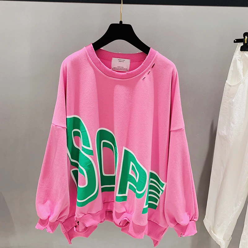 

Women Tshirt Cotton Casual Knitted Full Sleeve Hole Long Cloth Letter Printed O-neck New Style Spring