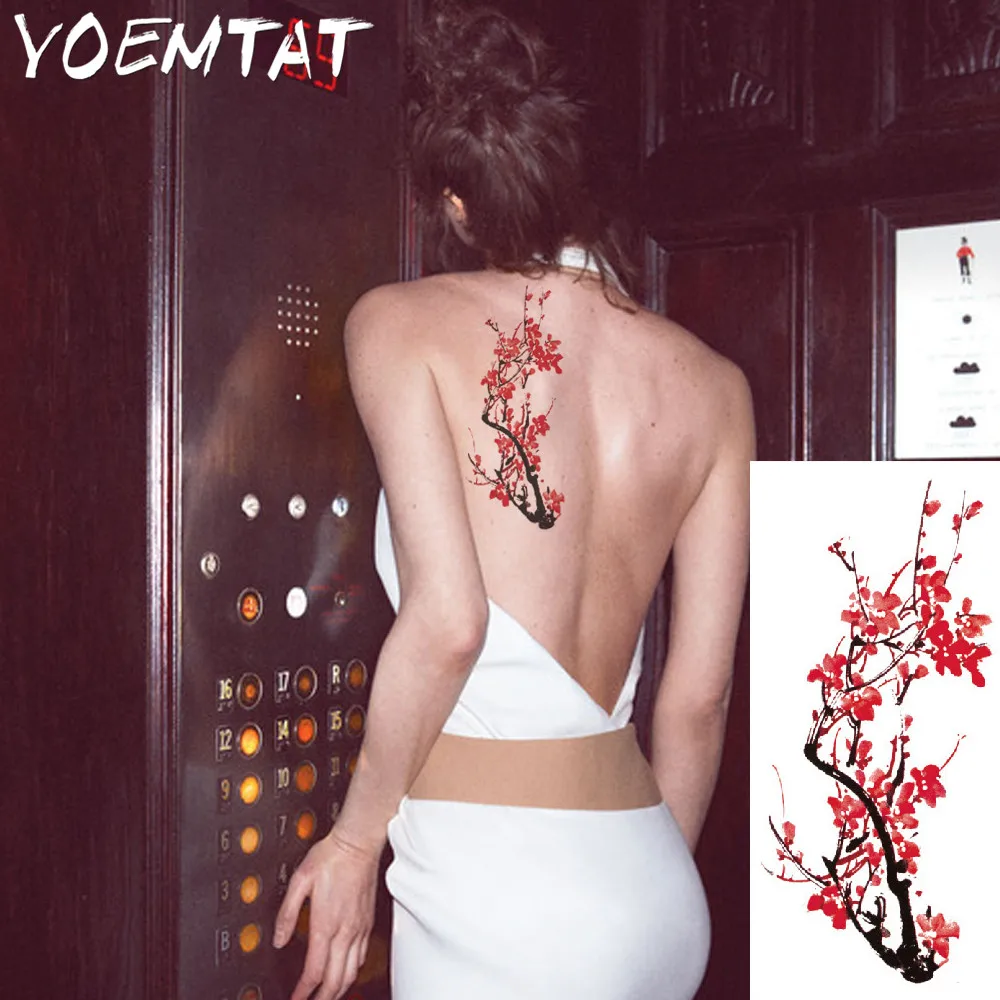 Красный китайский цветок сливы руку на плечо татуировки наклейки флэш-тату хной поддельные водонепроницаемый временные татуировки