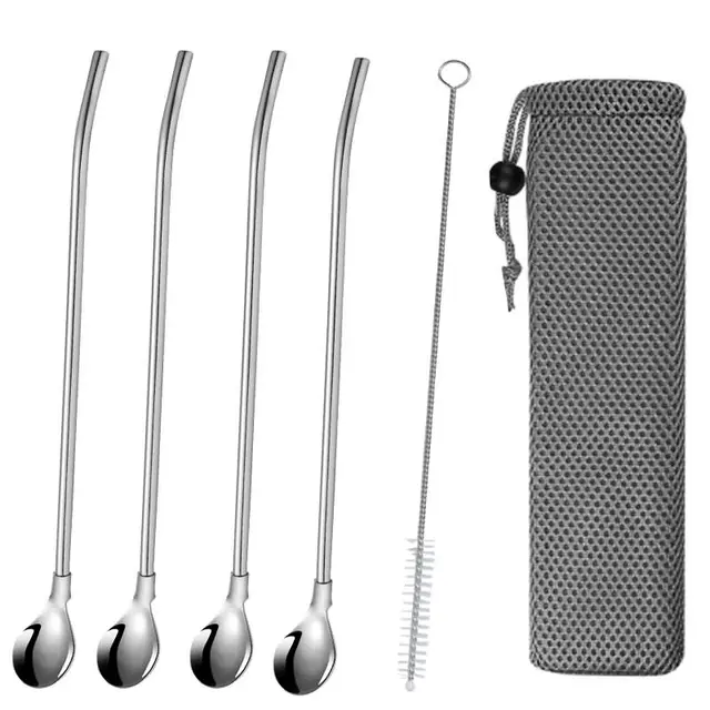 Extra Wide Straw Reusable Stainless Steel Drinking Straw Metal Straw For Smoothies Tapioca Pearls Milk Tea Juice Bar Tools Straw spoon D