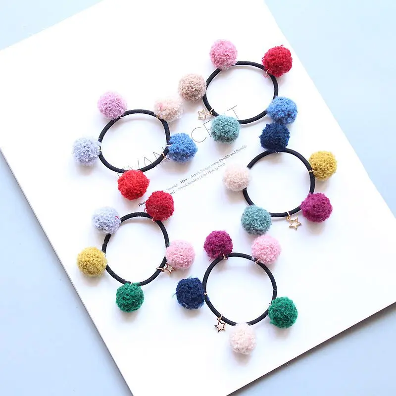 Boutique 20pcs Fashion Cute Pom Pom Hair Ties Solid Color Balls Elastic