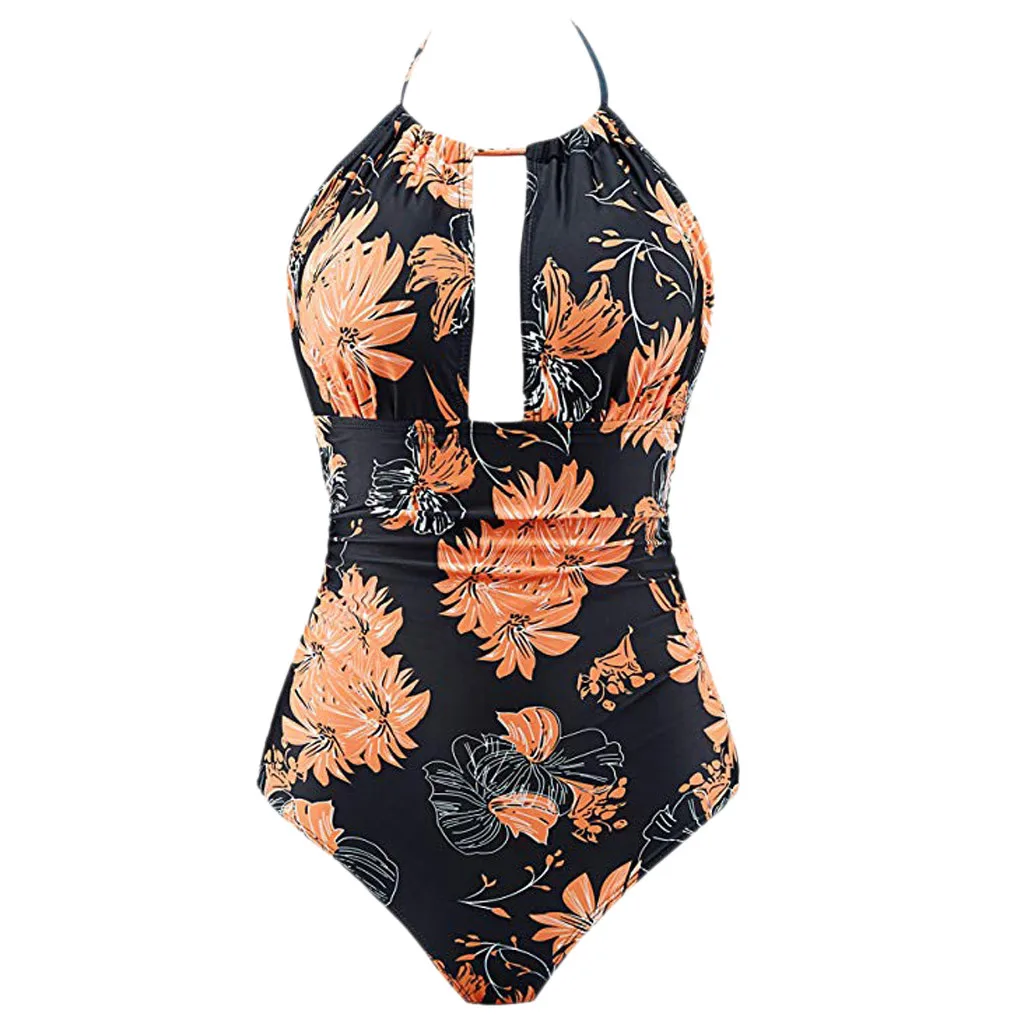 

Floral Print Ruched Halter Bikini One-Piece Swimsuit Women Cross Cut out Monokini Swimwear 2019 Beach Bathing Suits #O