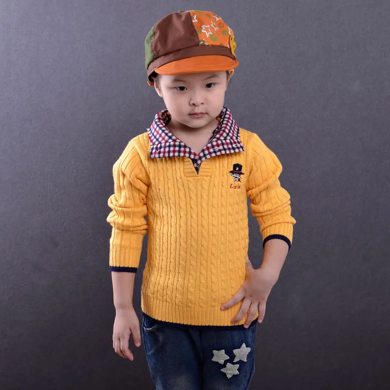 

baby boys placket front double layer stand-up collar solid sweater longsleeve contrast color of hem