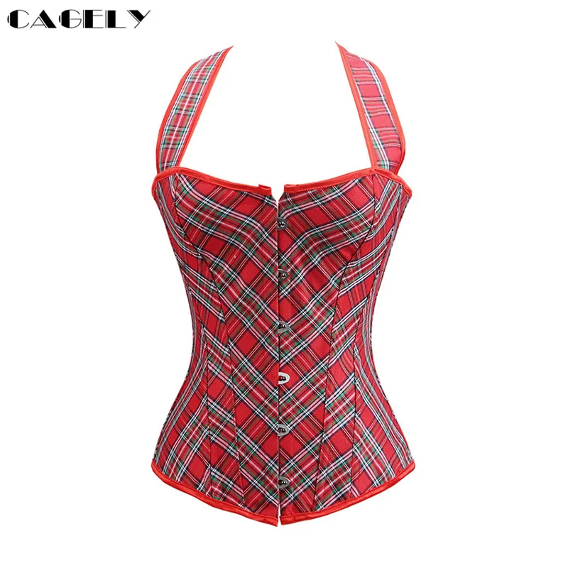 Buy Red Plaid Halter Corset Top Busks & Lacing up