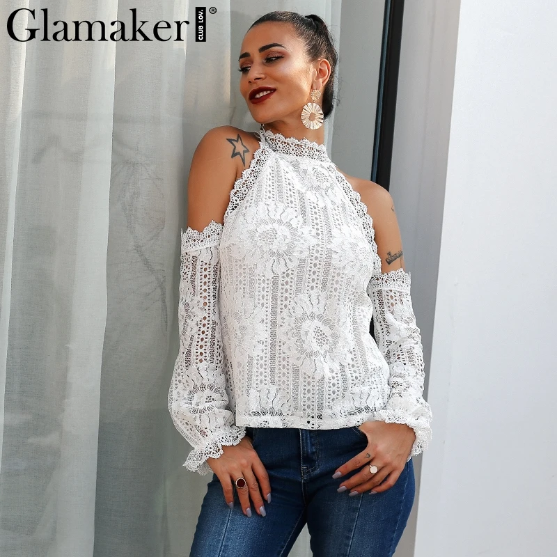 Glamaker Off shoulder white lace blouse shirt Women bodycon blouse elegant Winter sexy shirt 2018 female blusas tops & tees Glamaker Off shoulder white lace blouse shirt Women bodycon blouse elegant Winter sexy shirt 2018 female blusas tops & tees