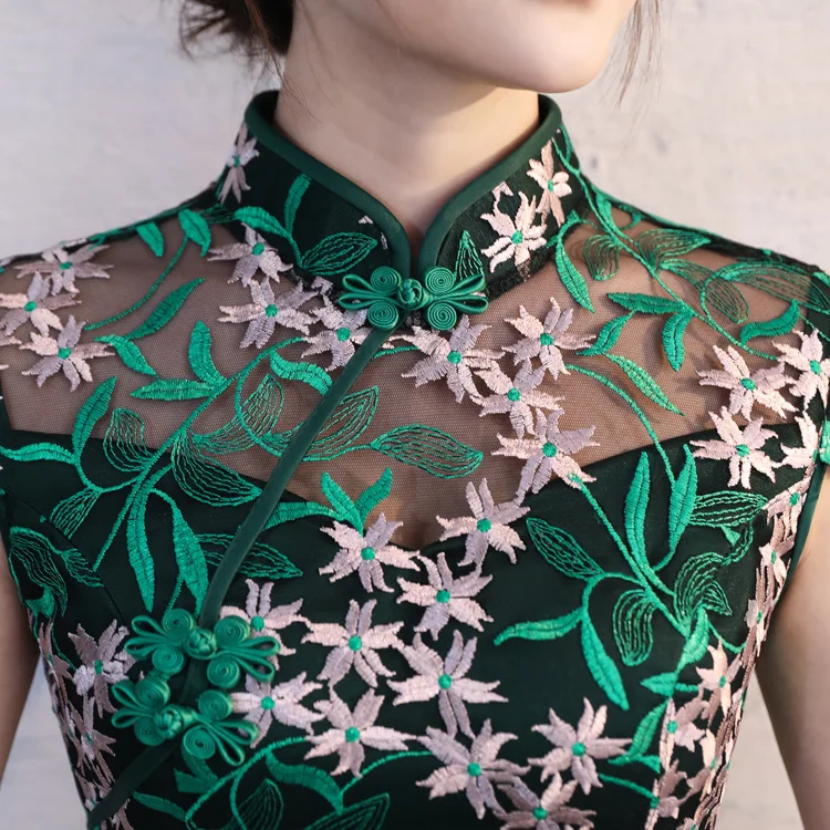 Зеленое кружевное платье, традиционное китайское платье, женские вечерние платья, винтажное женское платье Cheongsam, короткое современное платье Cheongsam S-3XL