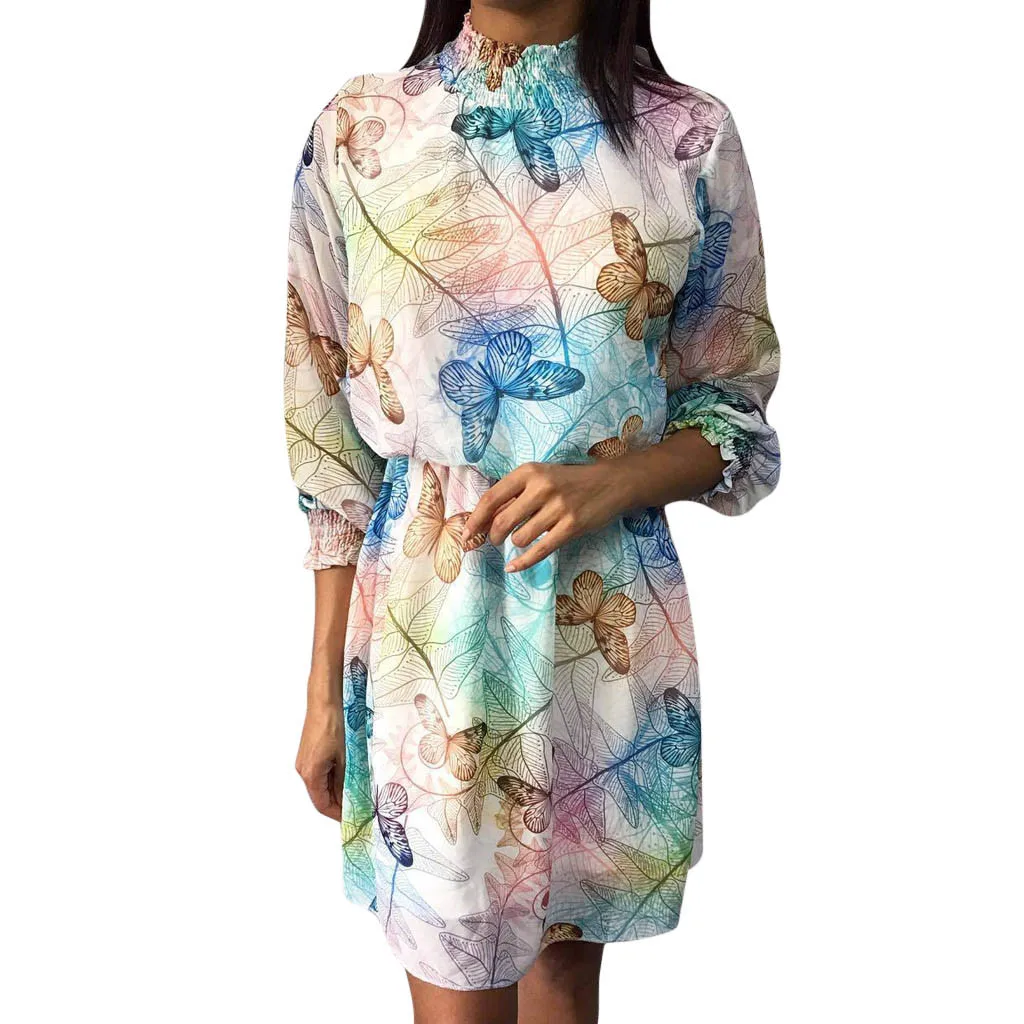 

2019 Summer Autumn Women Beach Dress Straight Casual Butterfly Printed Stand Long Sleeve Slim Mini Dress Sundress L701