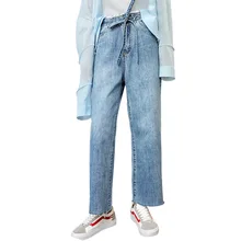 Большие размеры, женские джинсы с эластичной резинкой на талии, джинсы с высокой талией, брюки на завязке для женщин, эластичные повседневные Прямые джинсовые брюки со шнуровкой