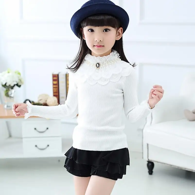 girls sweaters Коллекция года, весенне-осенне-зимняя одежда для подростков пуловер для школьниц, свитера Детские вязаные свитера с длинными рукавами и кружевом топы, JW4465A - Цвет: girls sweaters