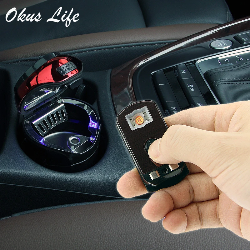 

USB Stainless Steel Car Smoking Ashtray with LED Detachable Cigarette Lighter Solar Button Cell Charging Multifunctional Holder