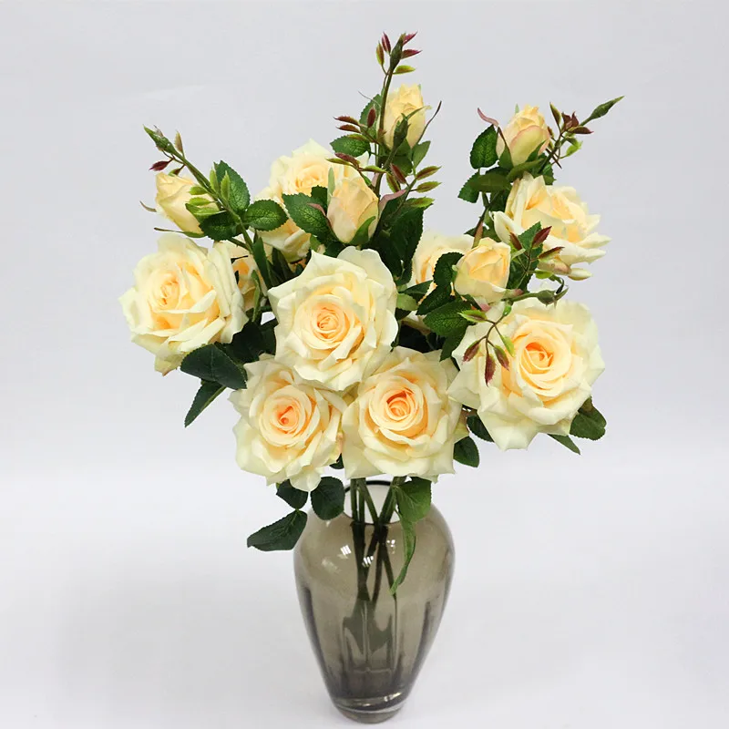 Flone 3 Heads Artificial Rose Flowers Simulation Rose Flower Silk Flower Fake Rose Flower Branch Wedding Home Party Decor Flores (2)