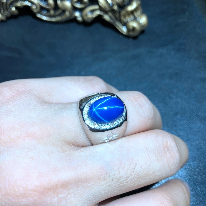 Cabachon Blue Star Sapphire with Diamond Halo Ring In yellow Gold | New  York Jewelers Chicago