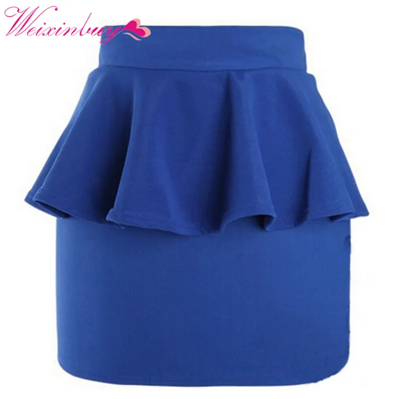 

WEIXINBUY Women Girl High Waisted Peplum Frill Pencil Skirt Stretch Body con Mini Sexy Skirt