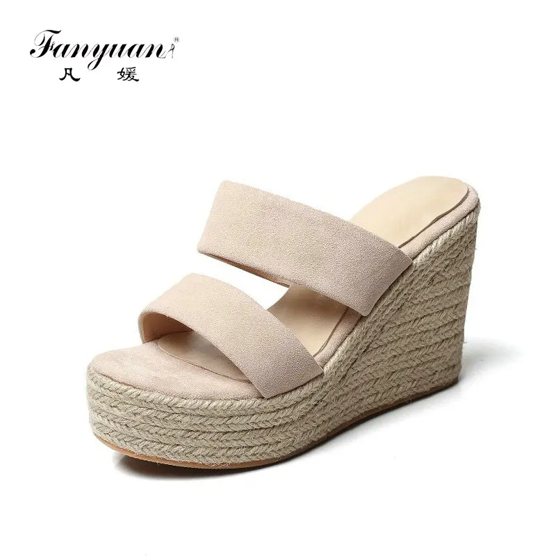 

fanyuan new summer genuine leather suede slipper platform high heels woman casual slippers mules wedges sandals ladies shoes