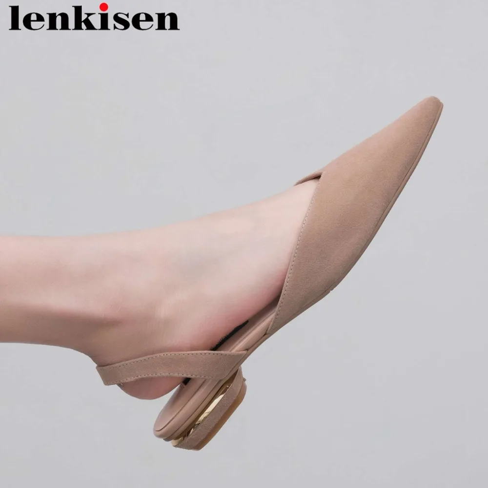 

Lenkisen 2019 new natural leather low heels slip on hollow woman sandals pointed toe oxford party vocation slingback shoes L11