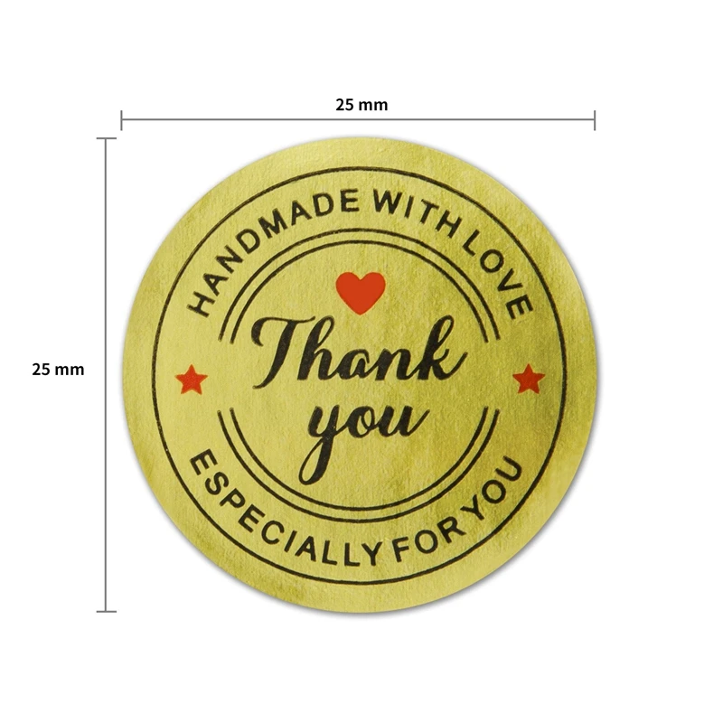 1 Inch Round Gold Foil Handmade With Love And Thank You Stickers / 500 Labels Per Roll