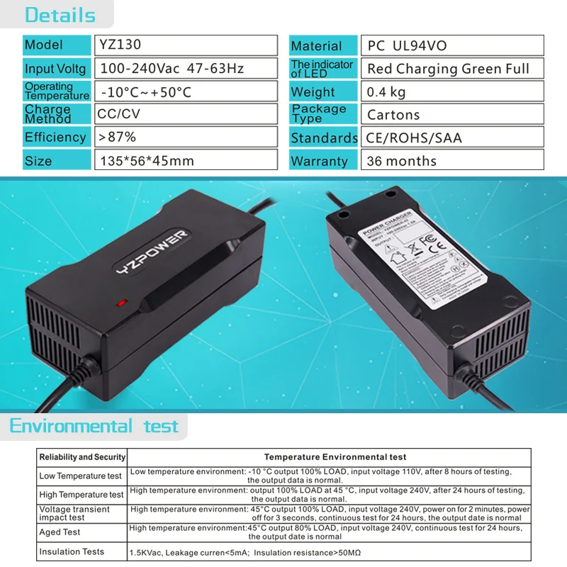 YZPOWER 42V 2A литиевая батарея зарядное устройство для 36V 8Ah 10Ah 12Ah 15Ah 20Ah Li-Ion Li-poly электрический скутер E-bike аккумулятор