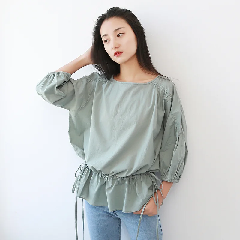 

Johnature Women Casual T-Shirts Solid Color Loose 2019 Spring New O-Neck Lantern Sleeve Patchwork Women Cloths Cotton T-Shirts