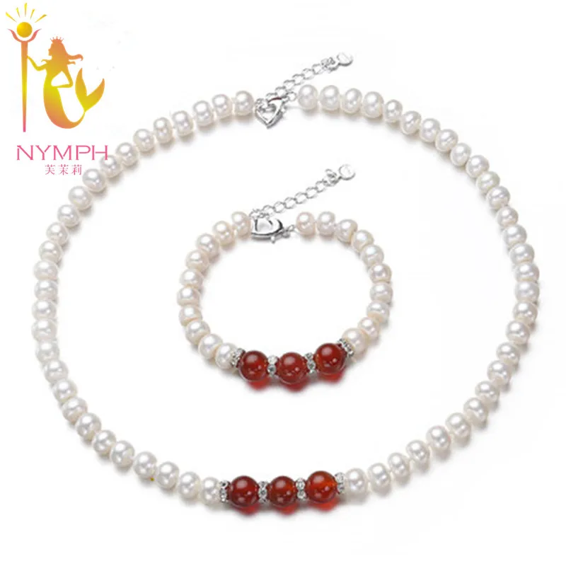 

[NYMPH] Pearl Jewelry Natural Fresh Water Pearl Jewelry Set 8-9mm Real Pearl Fine Jewelry With Red Agate For Women 03