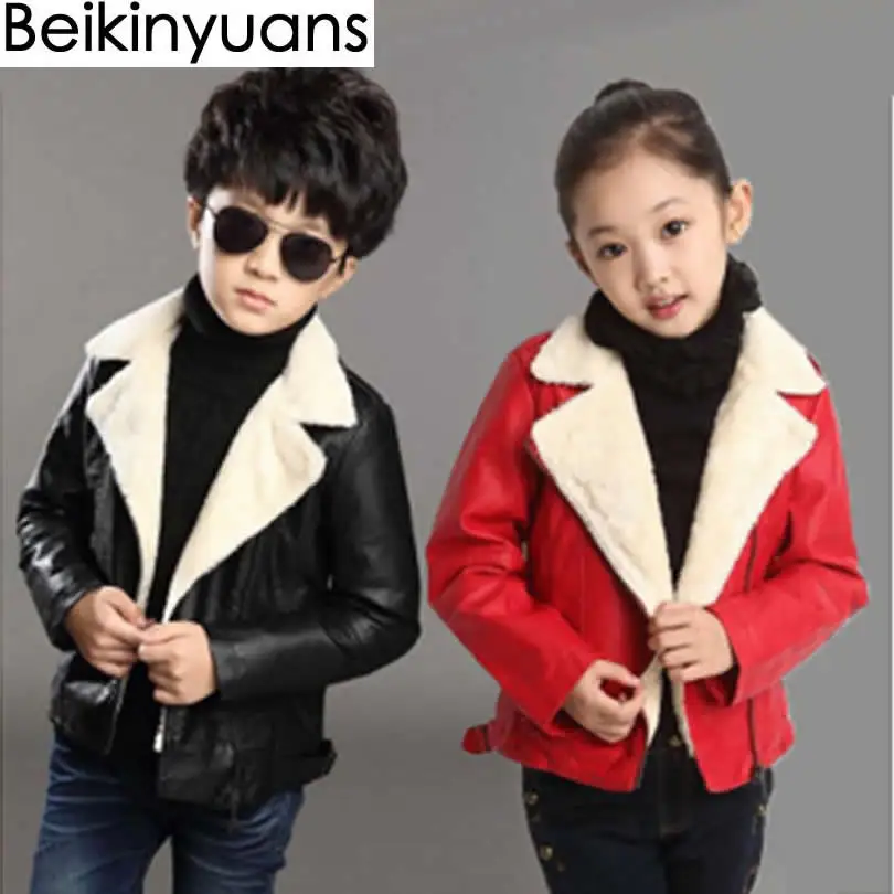 

Boy and Girls Leather Jacket Coat autumn/winter New Children Korean Version Plus Velvet Thick Jacket Warm Leather Jacket Cloth