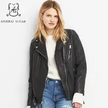Весенняя куртка из натуральной овчины, Женская Повседневная мотоциклетная черная Свободная куртка с отложным воротником на молнии, офисное длинное большое пальто