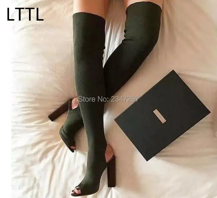 Sexy Peep Toe Mujer Muslo Botas Altas De Color Beige Verde Militar Tejido  Elástico de punto de Las Mujeres de Tacón Alto Botas Etapa Discoteca  Vestido zapatos|thigh high boots|womens thigh high bootshigh