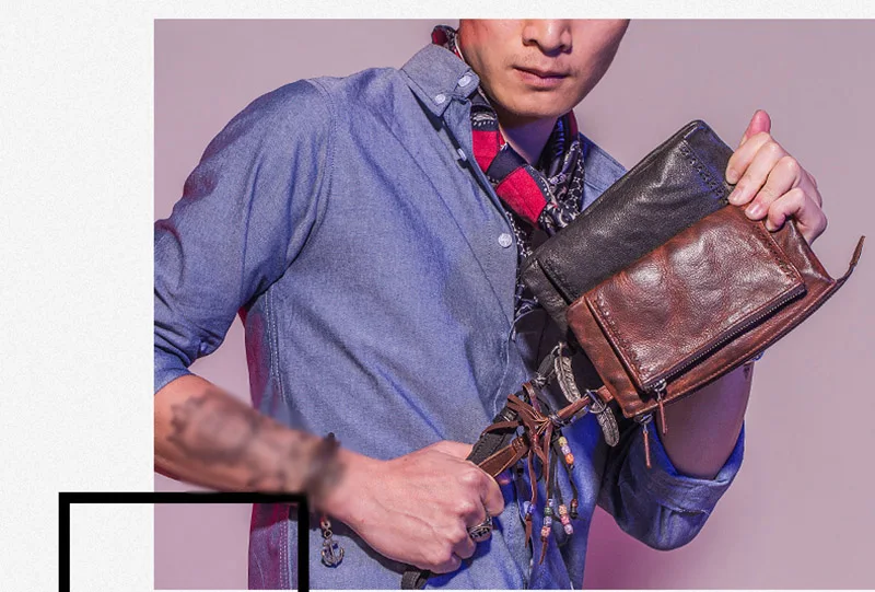 Carteira masculina de couro zíper longo retro