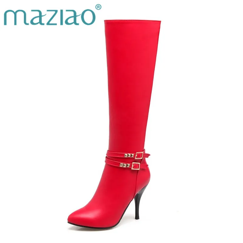 

MAZIAO 2018 Fashion Pu Leather Women Knee High Boots All Match Thin High Heel Round Toe Women Rivet Motorcycle Boots Size 34-43