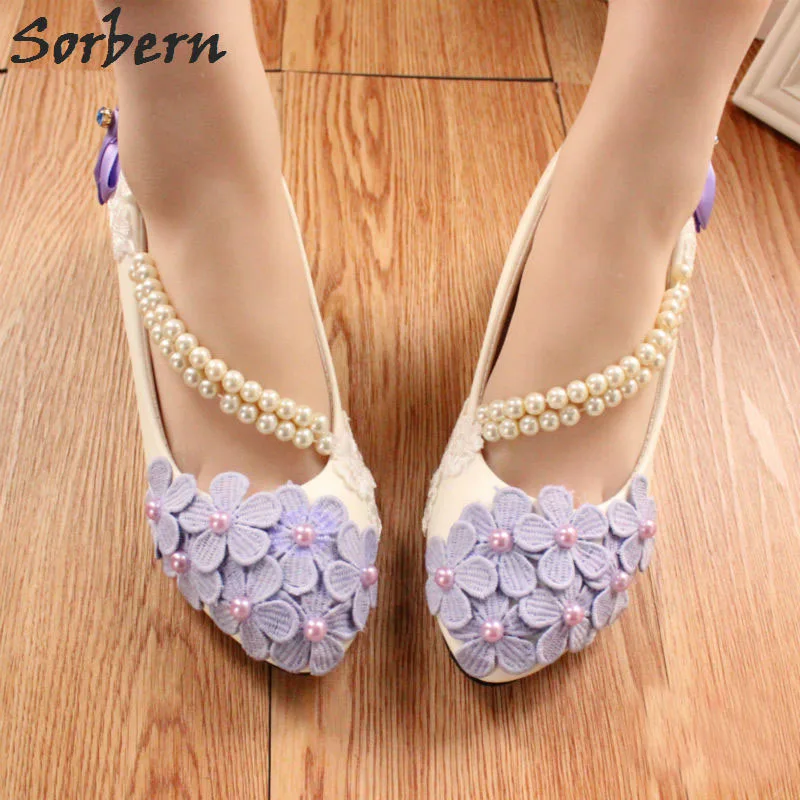 Sorbern Purple Flower Spring Wedding Shoes Beading Straps Pink/White