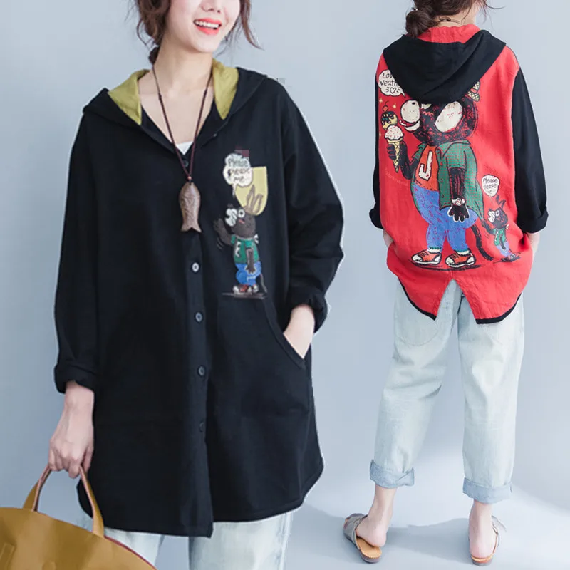

Plus Size 4XL New Spring Autumn Women Fashion Cute Cartoon Bolero Tops Lady Female Big Long Cotton Outwear Cardigan Jacket Coat