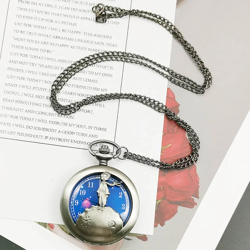 

Bronze Vintage Classic The Little Prince Movie Planet Blue Quartz Pocket FOB Watch Popular Gifts For Boys Girls Kids