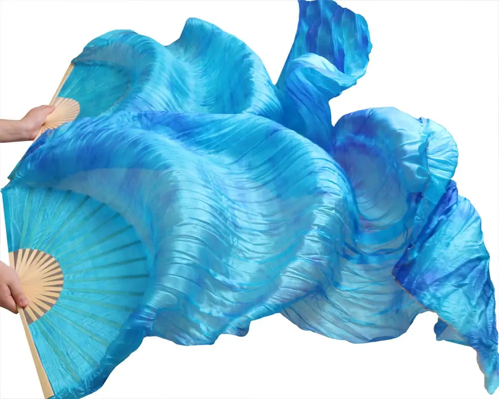 Высококачественная шелковая танцевальный веер для танца живота настоящие шелковые вуали левый+ правый синий разноцветные в продаже 180*90 см синий turquise mix