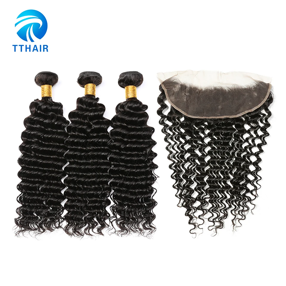 

TTHair Deep Wave Bundles With Frontal Peruvian Hair Bundles With Closure Remy Human Hair Bundles With Frontal Closure