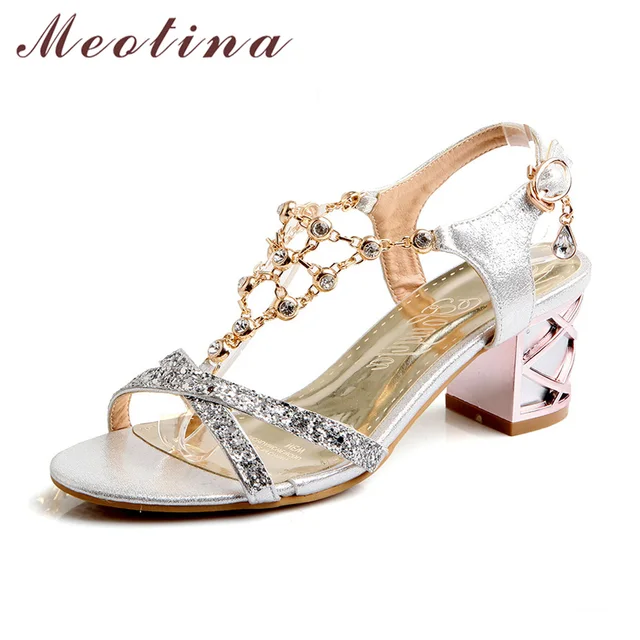 Meotina Party Women Shoes Fashion Crystal Ladies Sandals Summer Open Toe T-Strap Party Thick Medium Heels Rhinestone Gold Blue